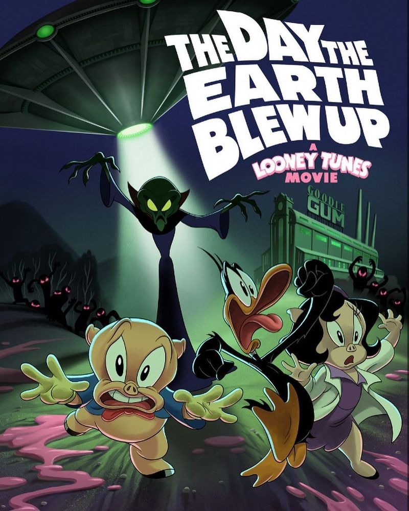 The poster for The Day The Earth Blew Up: A Looney Tunes Movie, showing Porky Pig, Daffy Duck, and Petunia Pig running away from extraterrestrials and a UFO