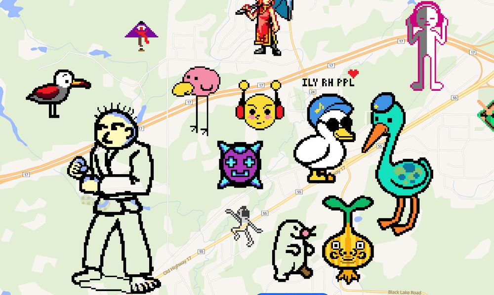Screenshot of wplace, an area of the map with several characters from the game Rhythm Heaven drawn