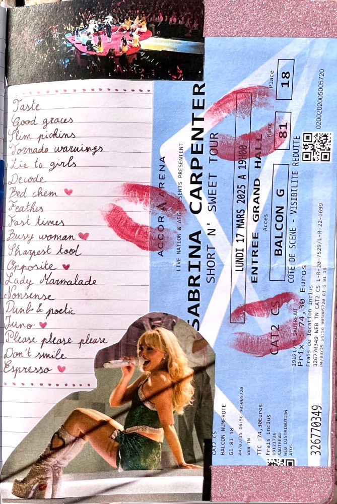 Picture of my concert journal, page 2 of my Sabrina Carpenter spread.