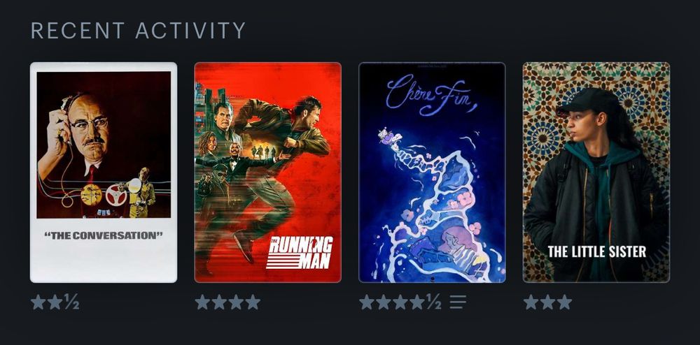 My last four watched on letterboxd : The Conversation, The Running Man, Chère Fin, La petite dernière. 