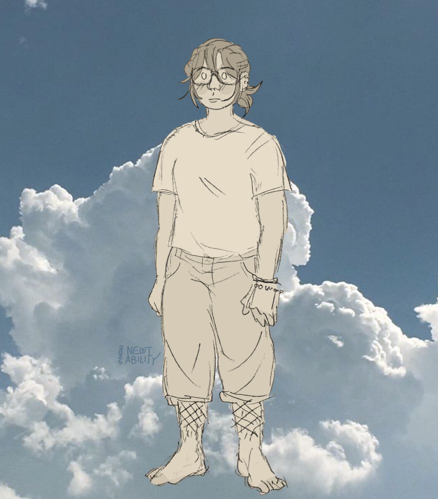 A coloured fullbody sketch of an early-20s Newton Geiszler, depicted pre-transition at a time when s/he still understood her/himself as a woman. Newt is stood facing partially to the left, coloured in muted sepia tones against a muted photograph of a clouded blue sky. Newt's hair is in a short, haggard, low ponytail. Newt is wearing a loose white T-shirt, leather and beaded bracelets, and a pair of baggy jeans rolled up to mid-shin over some fishnet leggings that have been cut before they reach Newt's feet. Newt is barefoot. Newt's glasses shield her/his eyes from the swept bangs hanging over Newt's face and there are two helix piercings in Newt's visible ear.