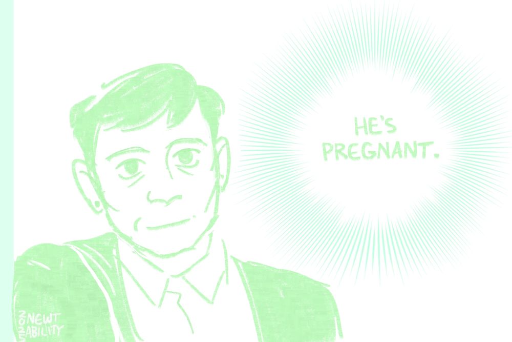 A digital drawing in green on a white background. Hermann stares blankly at Newt. His thoughts show the mistaken conclusion that Hermann has come to: "He's pregnant."