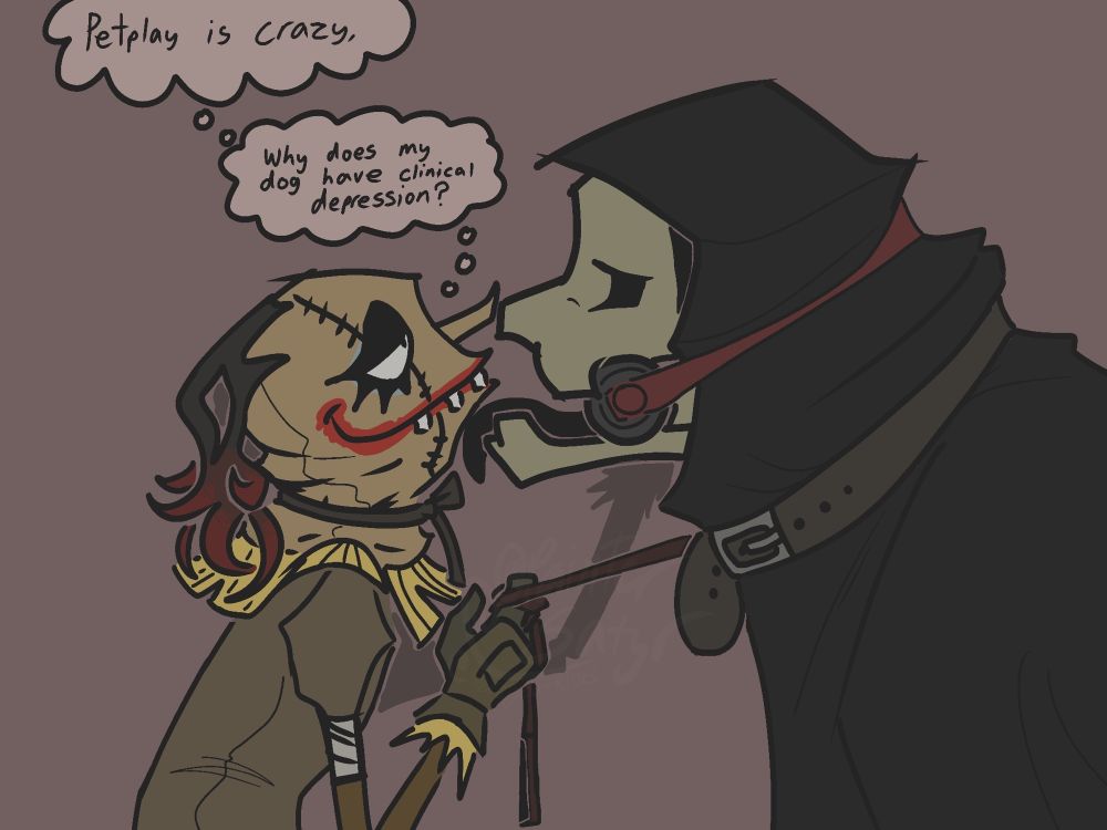A digital drawing of reaper and robe doing a petplay scene. There are thought bubbles above reaper reading: “Petplay is crazy, why does my dog have clinical depression?”
