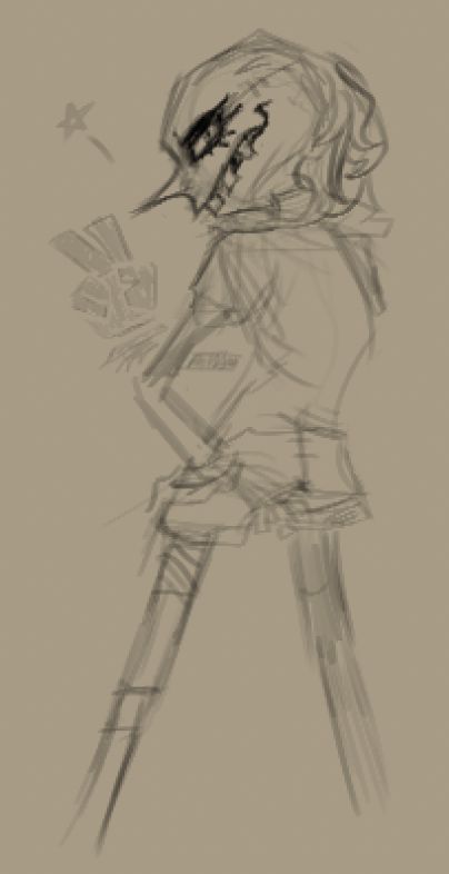 a digital sketch of reaper not wearing her dress and looking over her shoulder while holding up a peace sign