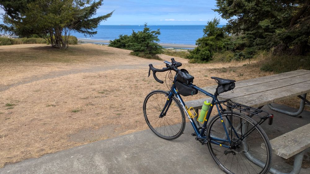 A blue bike with trees and the waters of the Juan de fuca in the background. An island and sailboats can be seen.