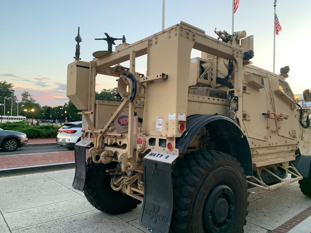 A military vehicle parked at Union Station. If you look carefully, you can see a Jersey Mike’s bag in the back. 
