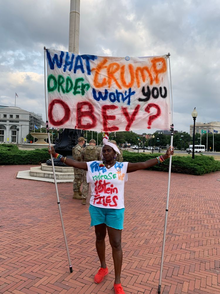 A righteously angry black woman with a banner that says, “What Trump Order Won’t You Obey?” A gaggle of National Guard are behind her. 
