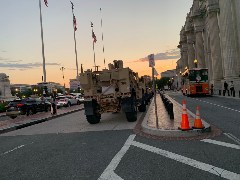 Mikitary vehicle parked at Union Station. 