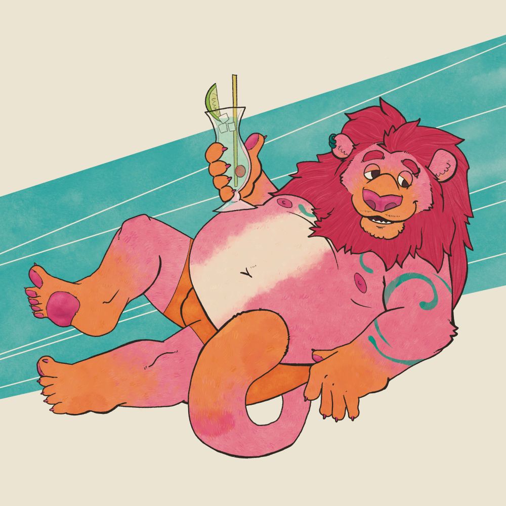 Alphonse, a chubby lion anthro with pink-and-orange fur, a darker pink mane, a white belly, and turquoise swirl markings on their chest and arms. They're wearing orange trunks and two earrings in one ear. They're laying on their side and holding a tropical drink.