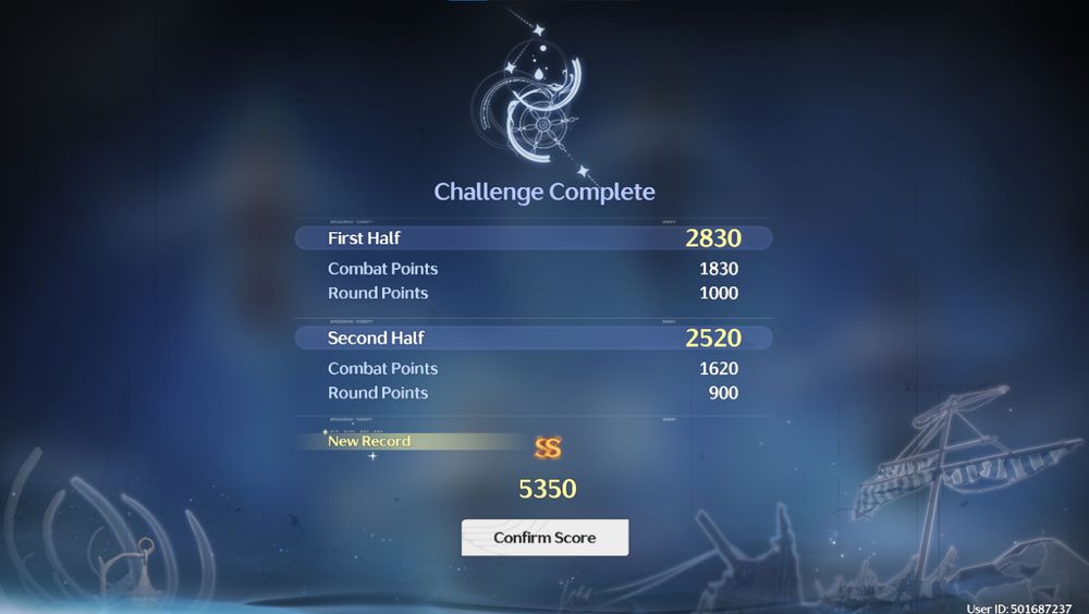 Pontuação no modo endgame do wuthering waves, Whimpering Wastes. Pontuação no primeiro time 2830, segundo time 2520