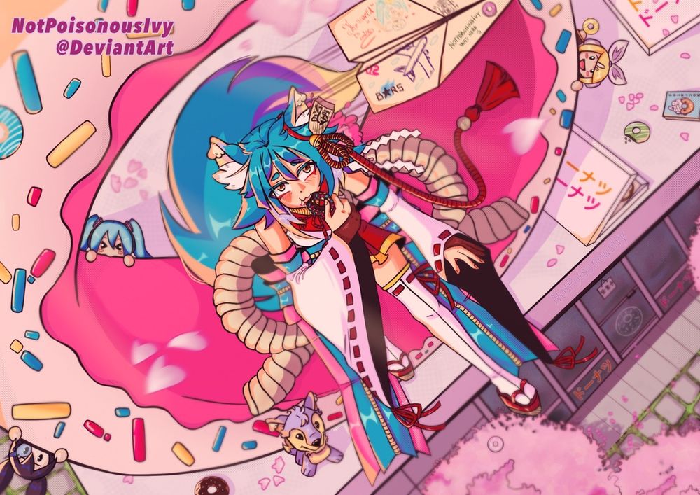 Blue kitsune girl, sitting on top of a donut store, eating a donut.