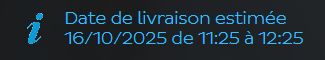 Date de livraison estimée 16/10/2025 de 11:25 à 12:25