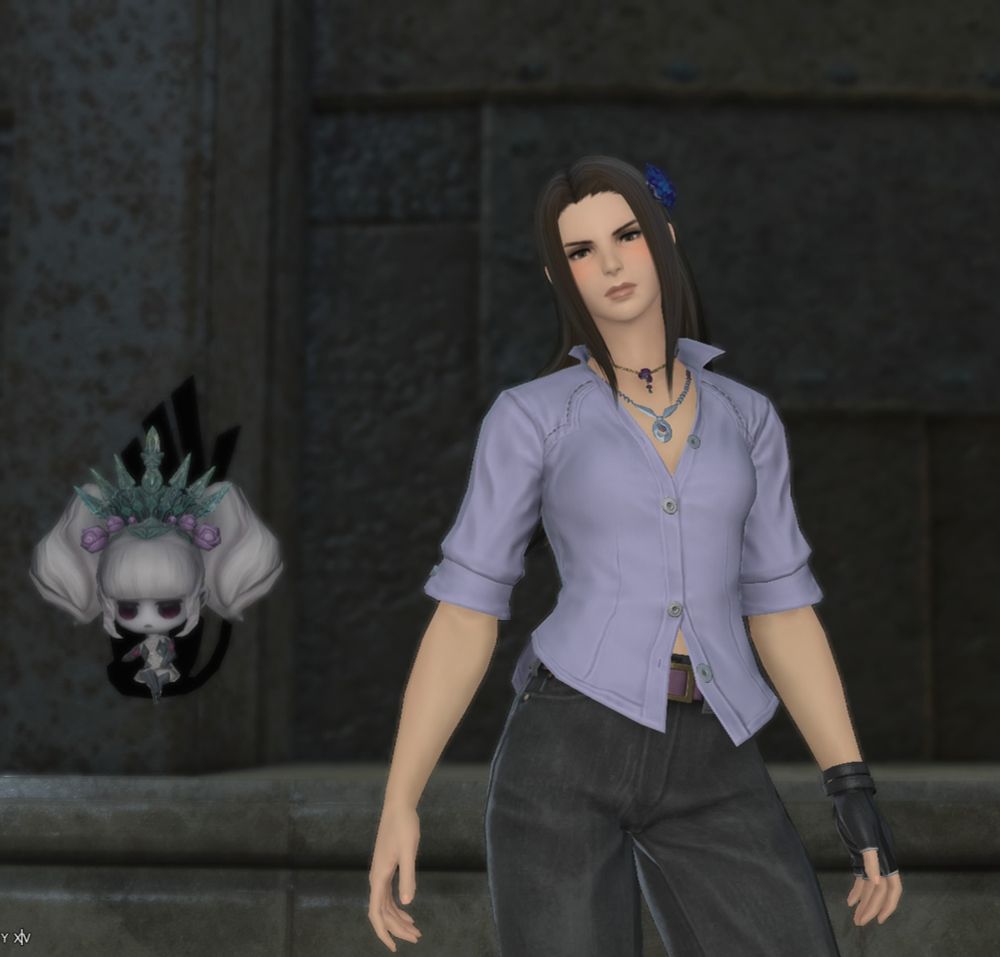 Final Fantasy 14 avatar posing next to a hard-to-obtain minion Scáthach.