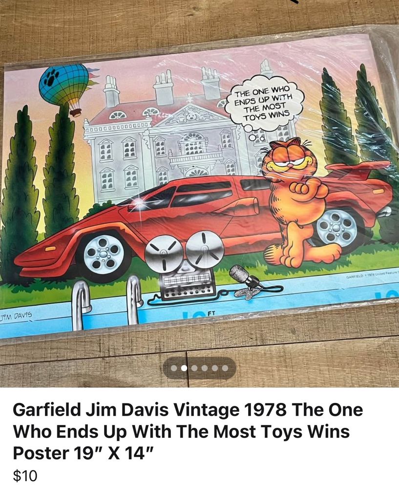 garfield poster and he's in front of a sports car and there's a pool and a mansion and for some reason a reel to reel and it says the one who ends up with the most toys wins 