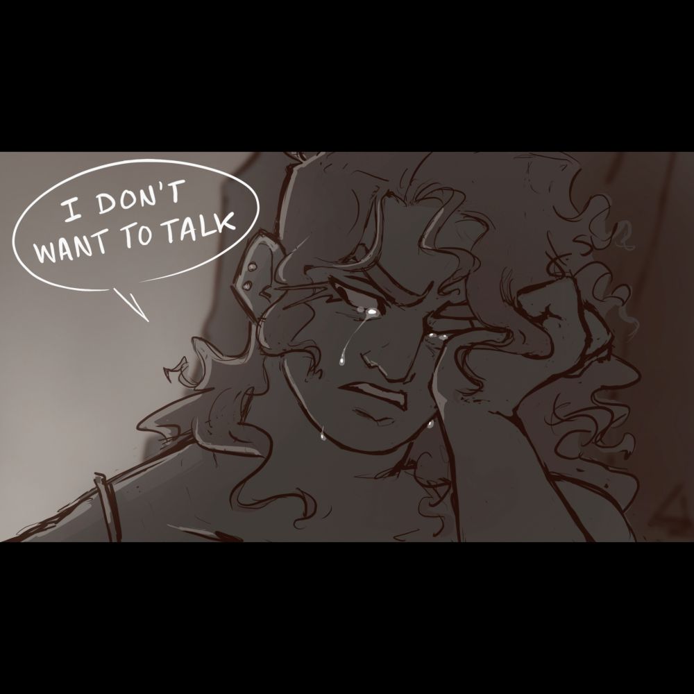 An image of Angel crying and wiping her tears away, while Boogey stands behind her slightly out of focus. She is standing with her back to him, looking away and saying "I don't want to talk."