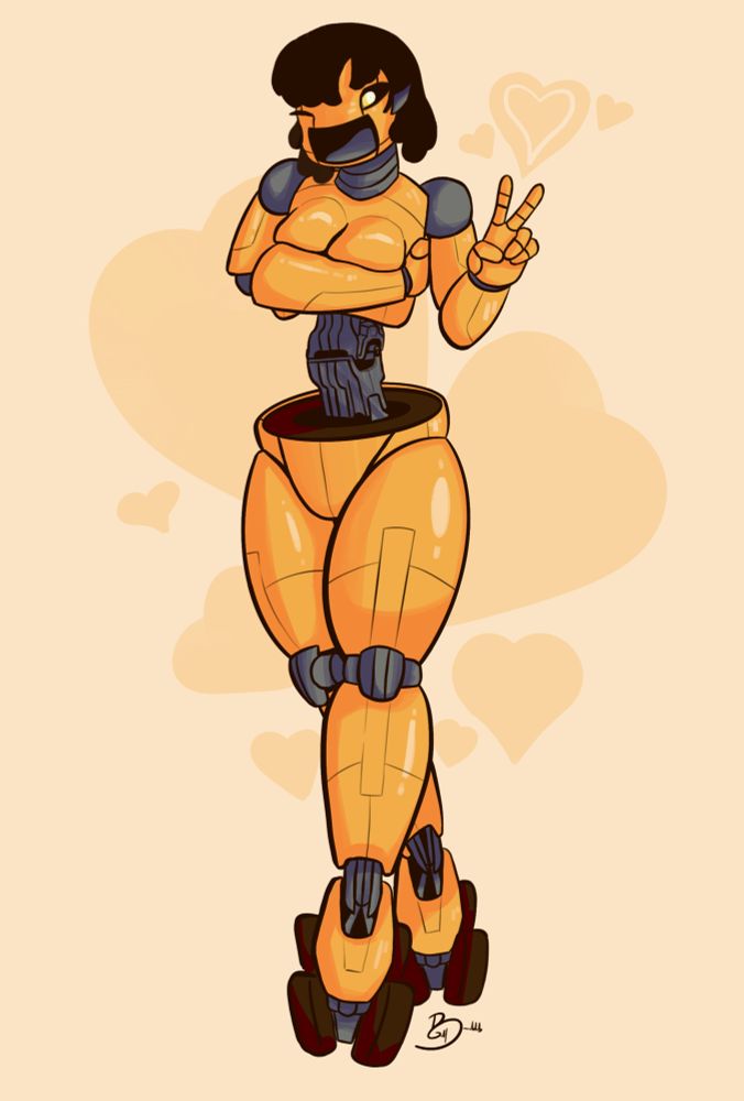 a drawing of a yellow humanoid robot woman with short brown hair and roller skates for feet. Her abdomen is missing, replaced by a train coupling. She's holding up a peace sign with one hand and covering her chest with the other, and she's winking with a huge open smile. 