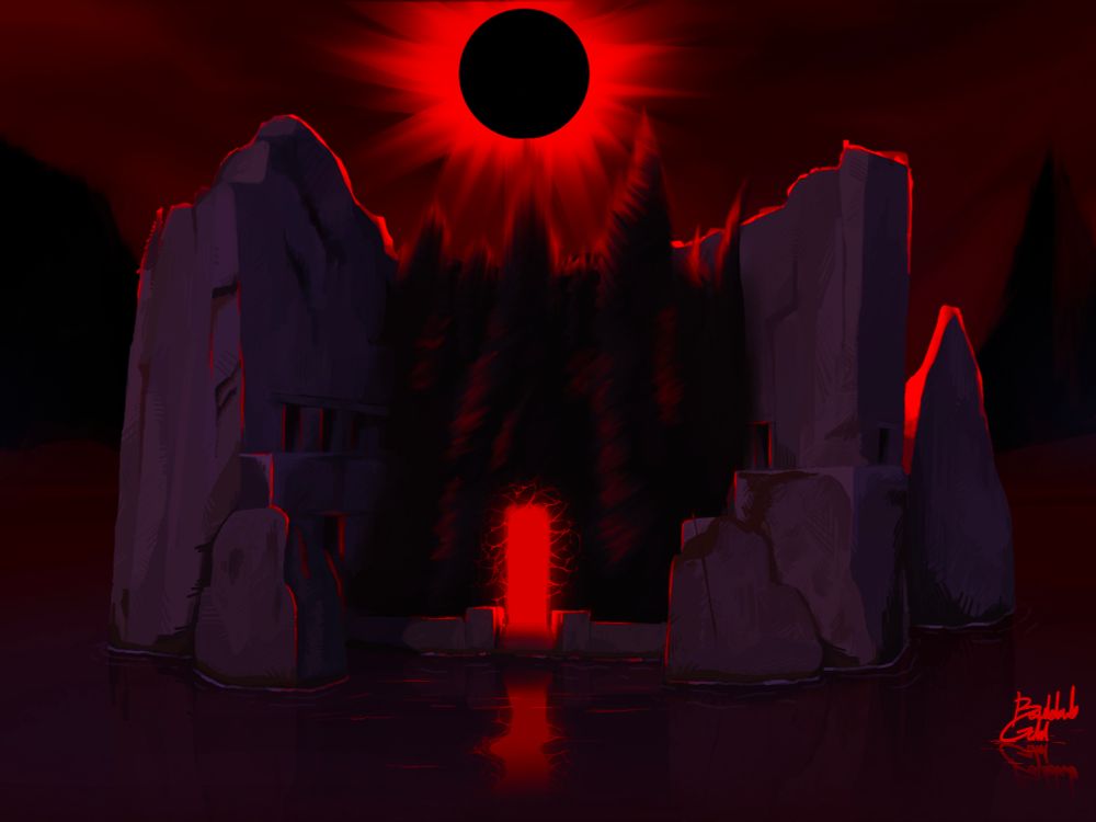 a digital painting study of Böcklin's "Isle of the Dead", with alterations relating to the game Signalis.

the sky is deep, dark red. there's a pure black celestial body in the center of the sky surrounged by a burst of vibrant red light like a halo. in the center of the island there is a glowing, vibrant red doorway.