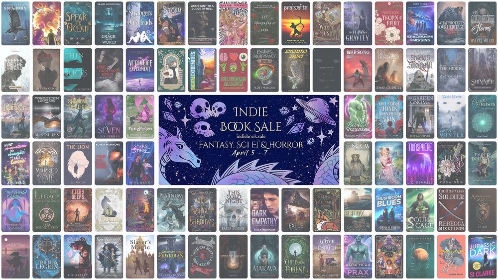 A selection of book covers, with center text stating: Indie Book Sale @ indiebook.sale. Fantasy, Sci-Fi & Horror. April 5 - 7.