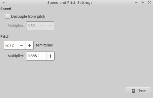 Settings dialog for the Speed and Pitch plugin for the Audacious application, showing the options "decouple from pitch", "multiplier", "pitch semitones", "pitch multiplier"