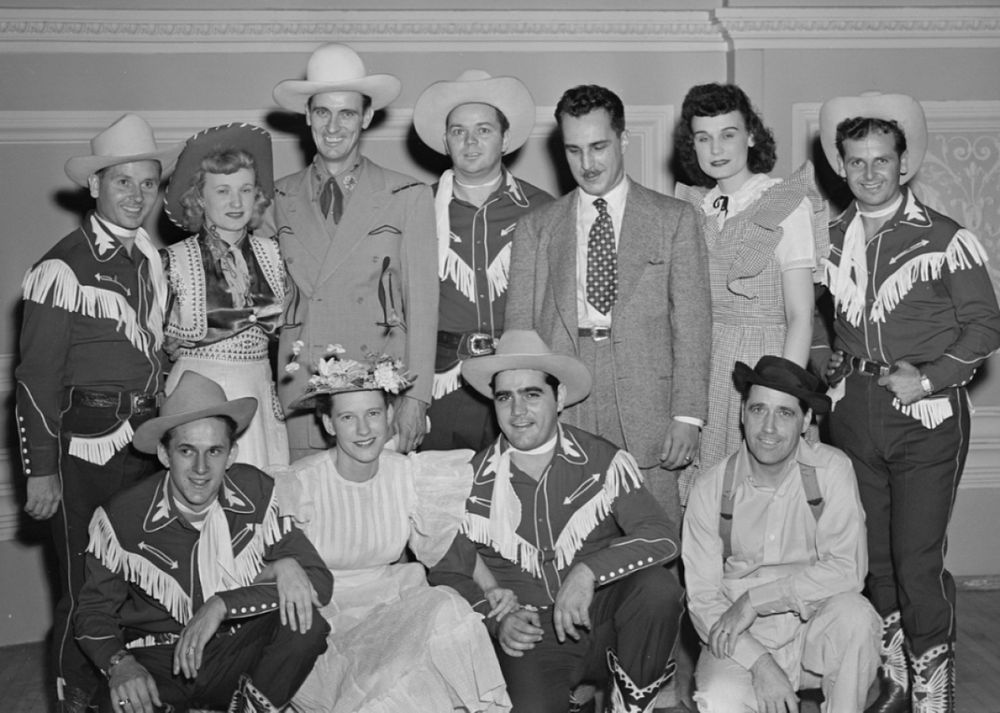 The stars of the Grand Ole Opry circa 1940, with Minnie Pearl in the front row, second from left