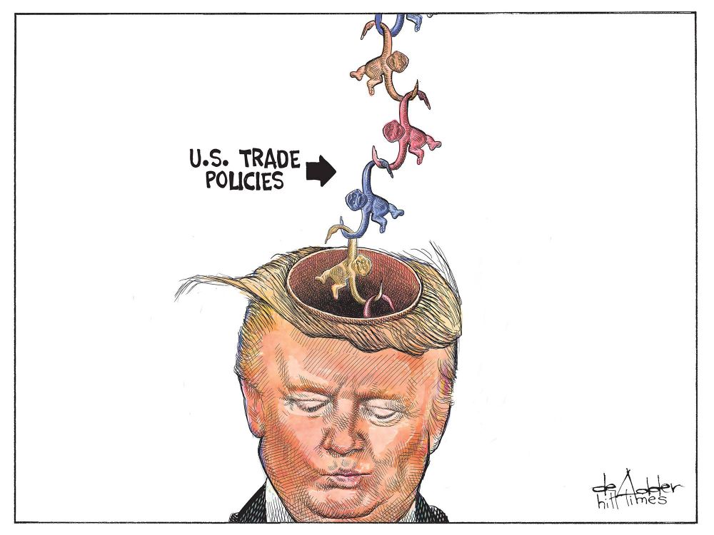 trump's empty head with a barrel of monkeys chain being lifted out of it, labelled U.S. Trade Policies