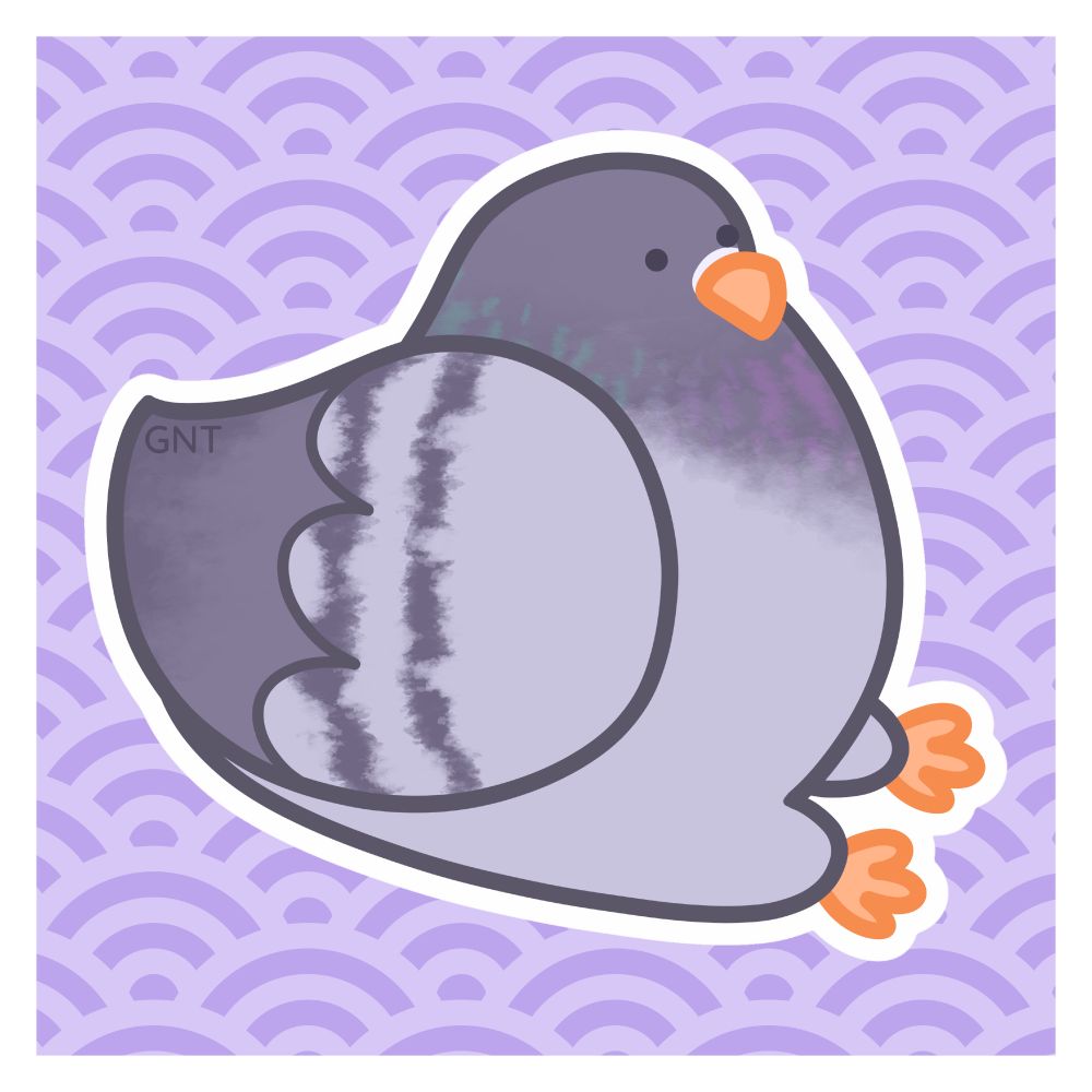 Drawing of a very round pigeon sitting down with a pasterns purple background