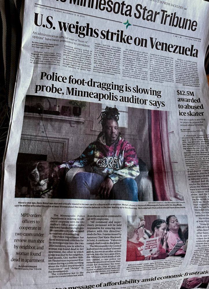 Star Tribune front page with headline “Police foot dragging is slowing probe, Minneapolis auditor says”