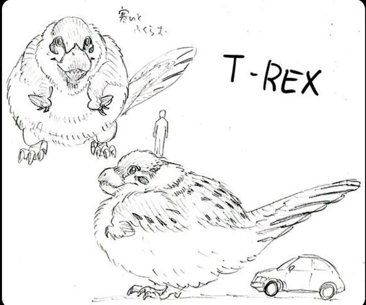 Sketch of a t-rex with feathers, making it look like a huge, cute, round bird.