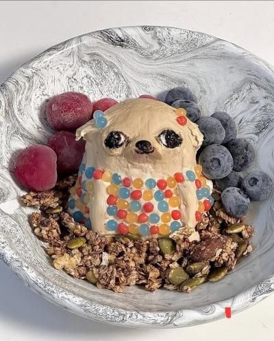 A dog made out of a marshmallow and gumdrops in a bowl of cereal and fruits.