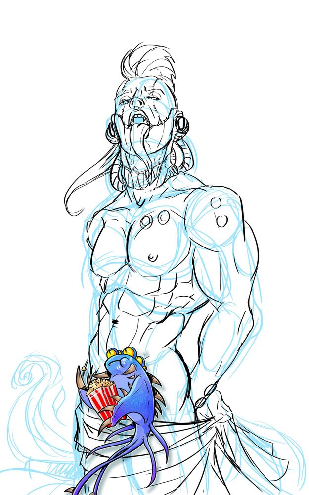 Scribble of a nearly naked Noise Marine with a mohawk, sticking out his very long tongue. He is holding a piece of flowing cloth as kind of a loincloth. A cartoony Screamer of Tzeentch eating popcorn blocks the view of any penis.
The building lines of the first layer of scribble are still visible and the first outline draft is forming.