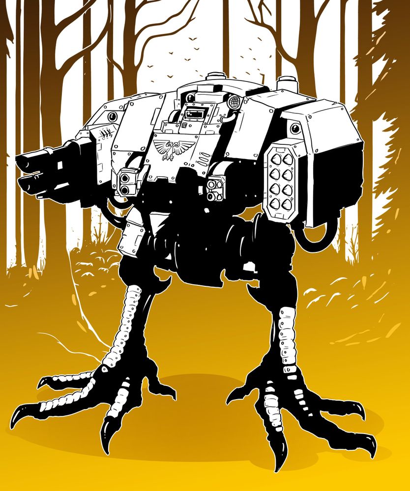 A black and white ink drawing of a 40k Dreadnought with Baba Yaga-hut chicken feet in frontof a stylized forest.