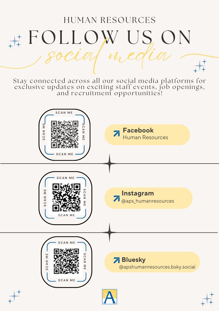 "Flyer featuring 3 QR codes for Facebook, Instagram, and Bluesky. Text reads: 'Stay connected across all our social media platforms for exclusive updates on exciting staff events, job openings, and recruitment opportunities!'"