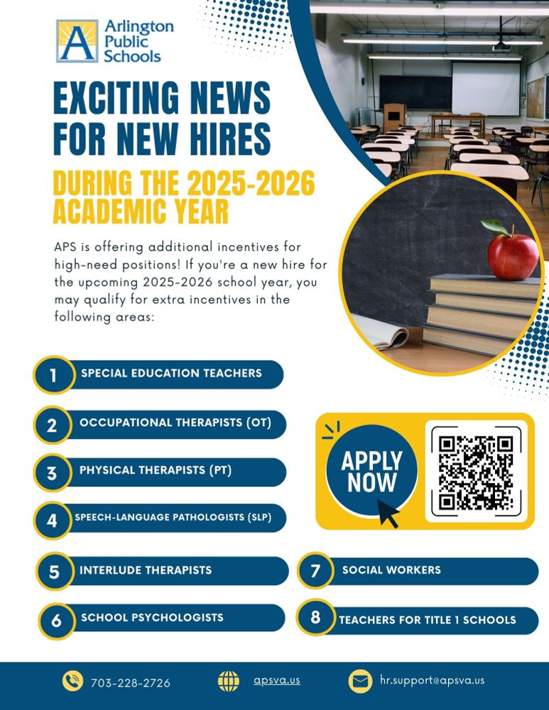 **ALT Text for Flyer:**

"Exciting news for new hires in the 2025-2026 academic year! APS is offering additional incentives for high-need positions. If you're a new hire for the upcoming school year, you may qualify for extra incentives in the following areas."