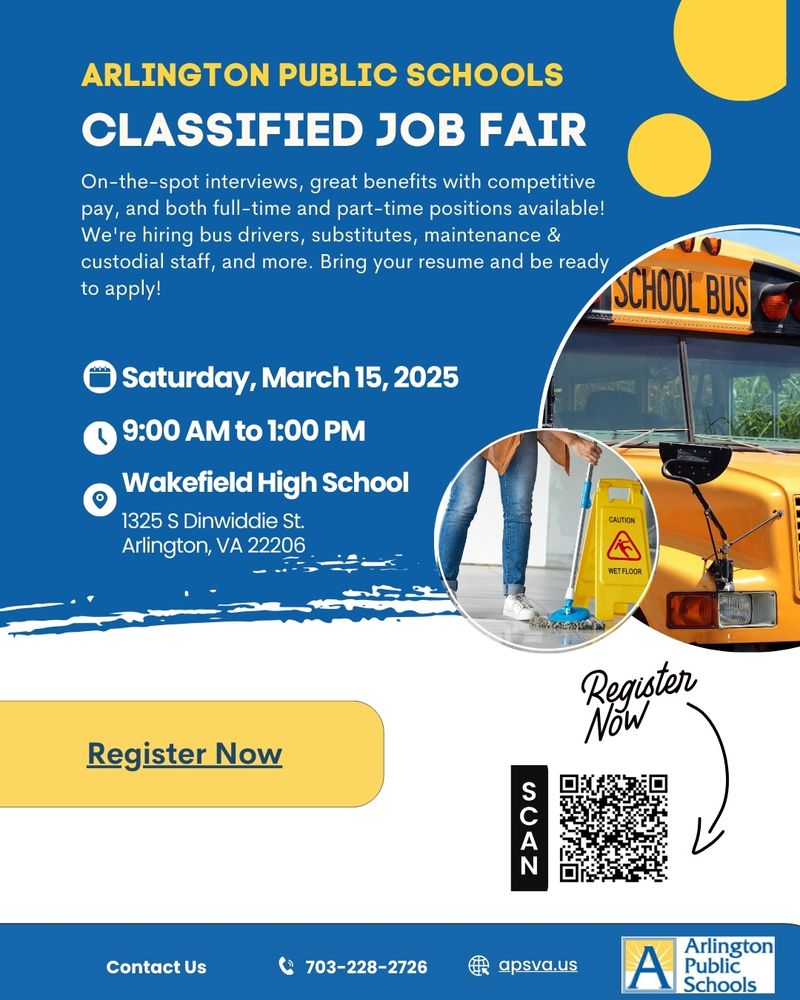 Flyer about Classified job fair at Wakefield high school from 9AM - 1PM