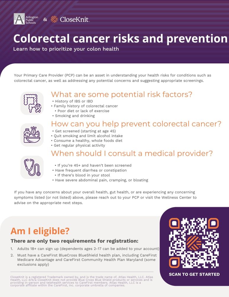 A flyer promoting Colorectal Cancer Awareness Month, highlighting the CloseKnit Wellness Center's partnership with CareFirst to raise awareness about prevention and early detection. It encourages APS staff to register via a QR code or book an appointment by emailing APSclinician@CloseKnitHealth.com.