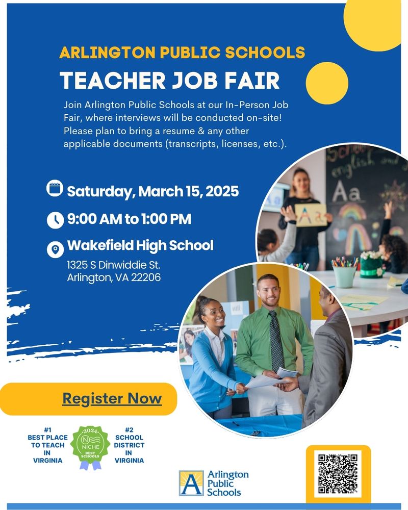 Flyer about Teacher job fair at Wakefield high school from 9AM - 1PM