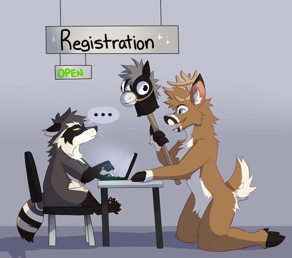 Art by SlumberYote. Drawing of Sumner the raccoon looking mildly disgruntled sitting on a small chair at a small table with a laptop and a speech bubble with "..." inside. Above is a sign that says "Registration Open". Kneeling at Sumner's desk is Copley holding up a hobby horse looking very excited to Register for Early Bird