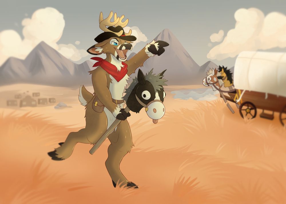Art by SlumberYote. Drawing of Copley on a western plains scene. Copley is riding a stick pony toy while wearing a cowboy hat and bandana. In the background there’s a covered wagon with a couple stick pony toys inside it 