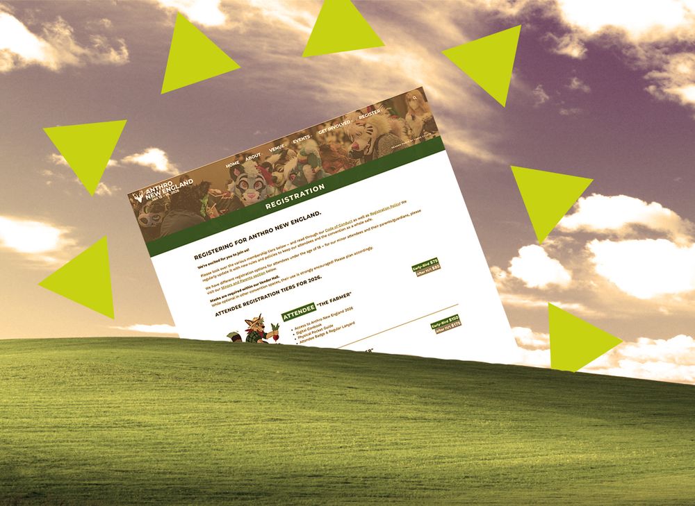 A silly photoshop image of a screenshot of the Anthro New England registration page rising over the horizon of a sepia tone hill with little triangles circling it as if it were the sun.