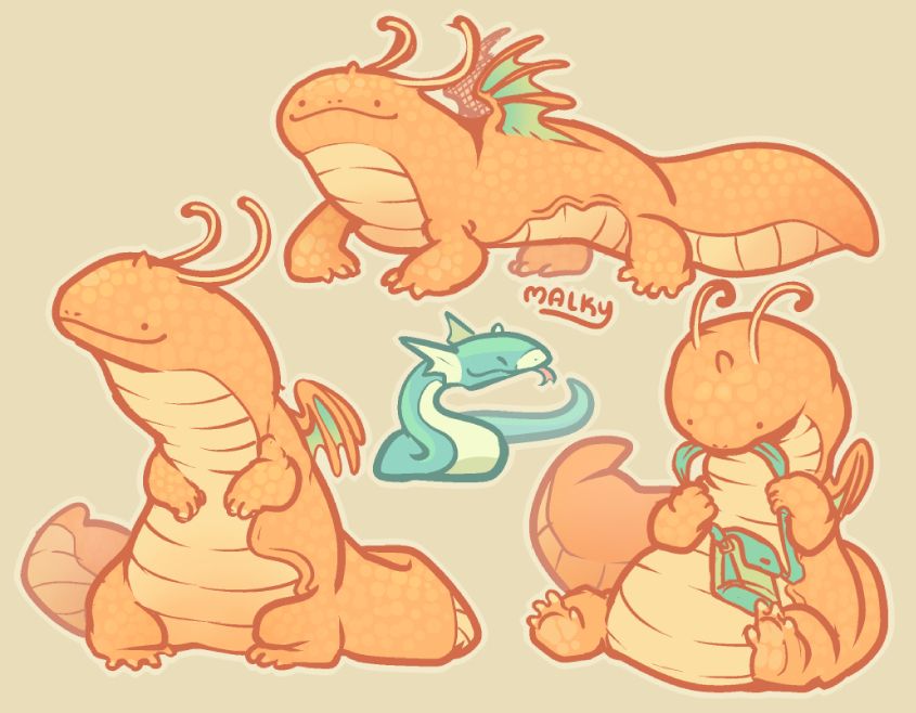 Cutesy fanart drawings of a salamander looking dragonite (standing on four and two legs, nibbling on a hand bag) with a dopey looking face and one dratini in the middle with a snake like appearance 