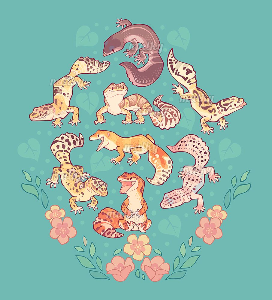 Cute drawings of leopard geckos over a teal backdrop among leaves and flowers