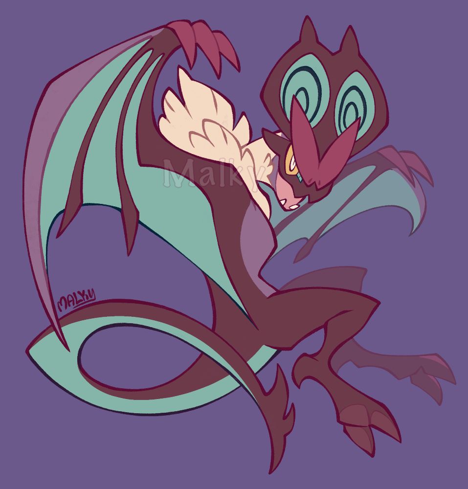 Drawing of the pokemon noivern mid flight against a flat purple background