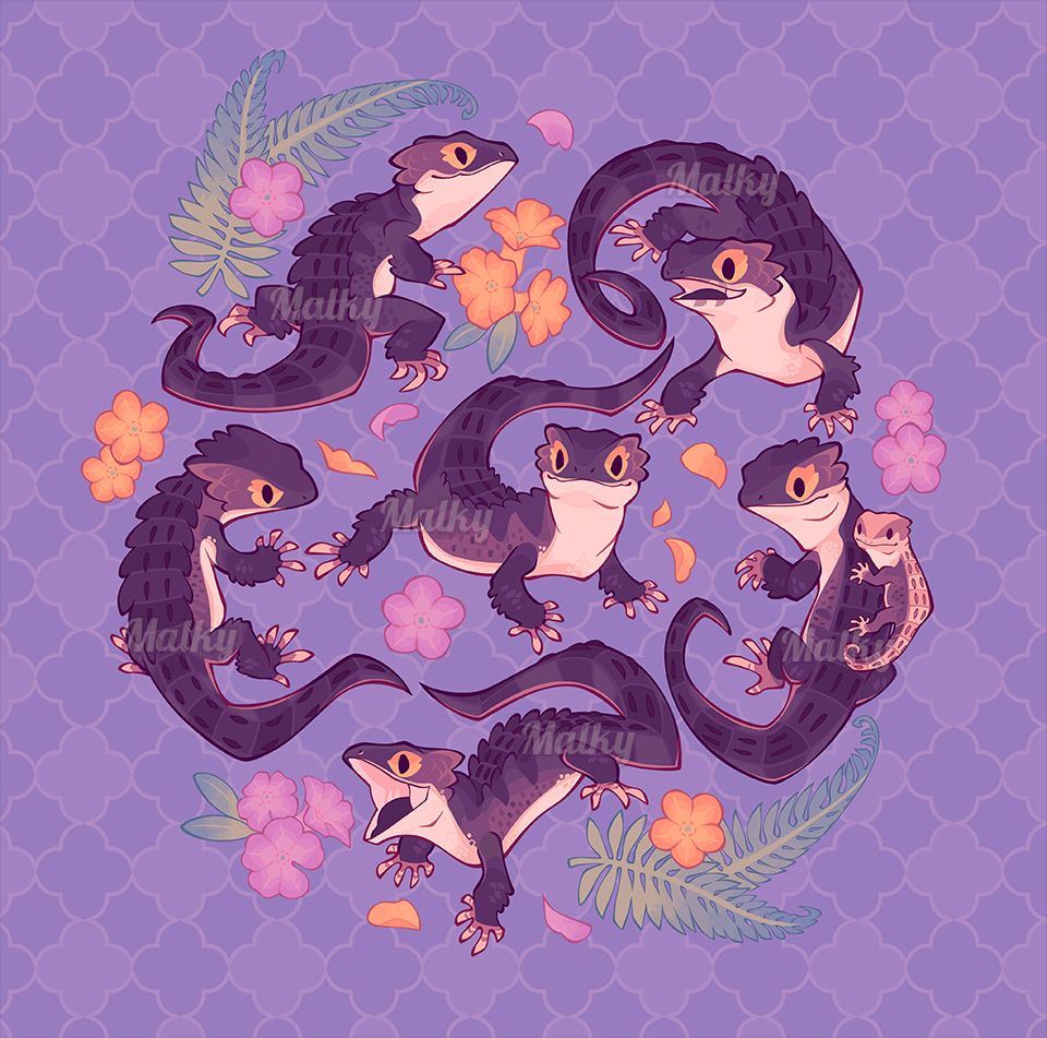 Illustration of six red eyed crocodile skinks (and one baby skink) in a cute style, among pink and orange rhododendrons and a couple fern leaves. The background is a flower-like geometrical pattern in a lavender tone.