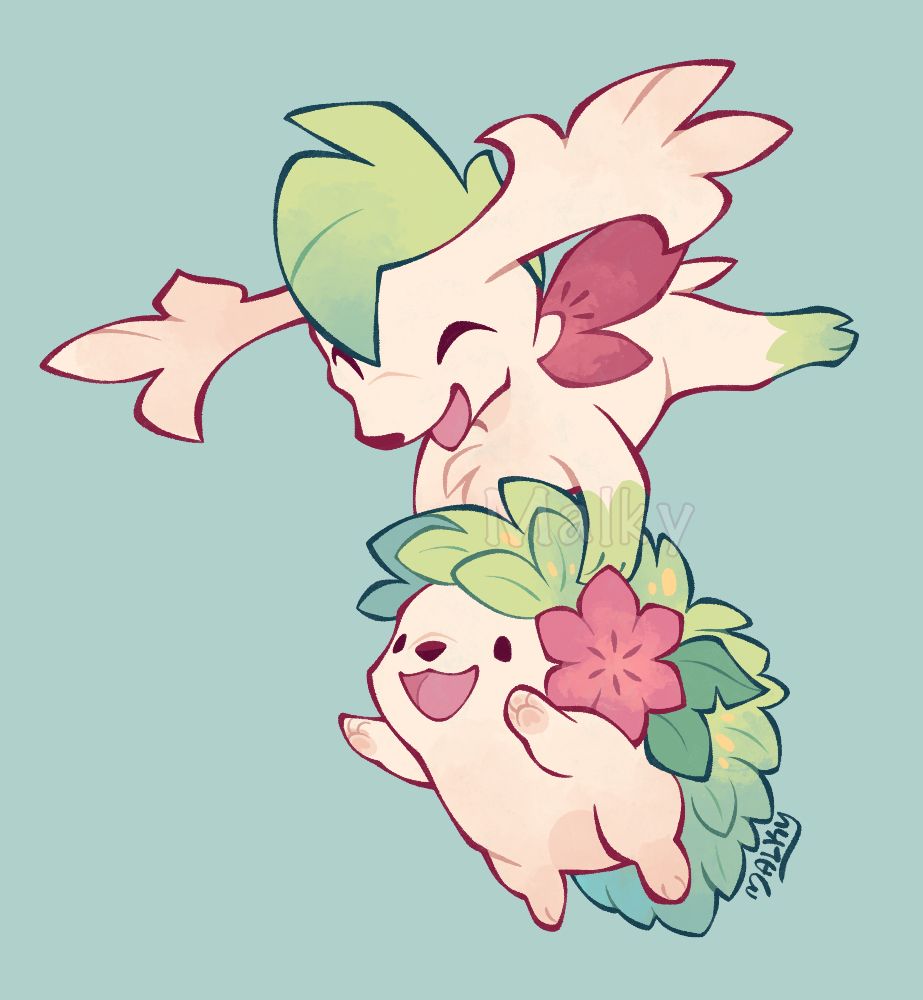 Drawing of the pokemon shaymin. The sky forme takes the land forme for a flight across a clear sky.