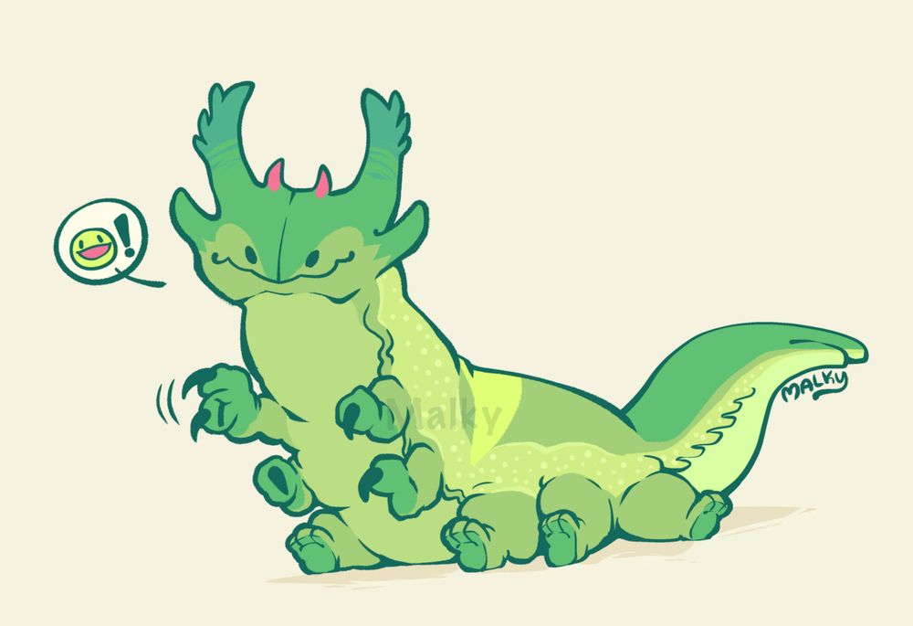 A green caterpillar-like creature with ten limbs (six hindlimbs, four claw-like forelimbs), a forked tail and six horns; vaguely resembles a dragon/drake. One claw waves while looking towards the viewer with a smiley emoji.