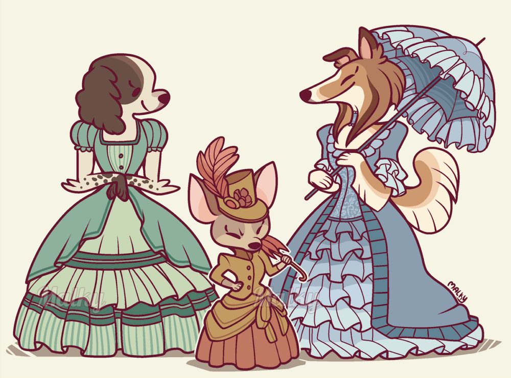 drawing of three stylized anthropomorphic dogs (left to right: black and white cocker spaniel, chihuahua, collie) in victorian era dresses and accessories.