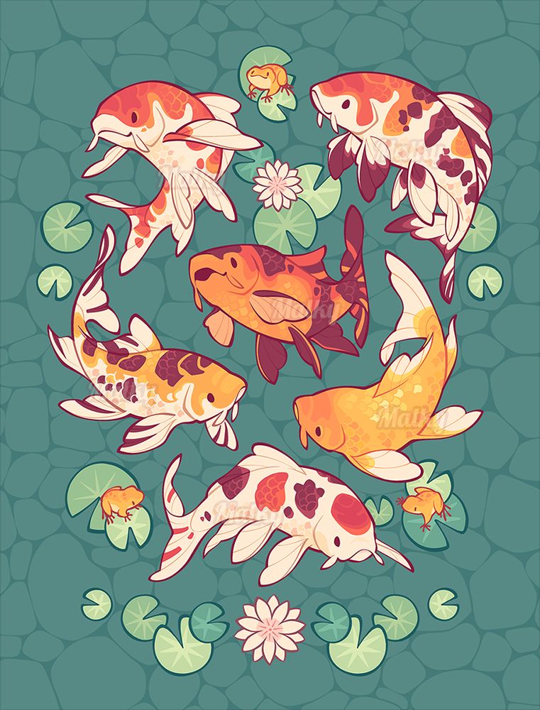 Drawing of cute koi fish swimming among lilypads and small yellow frogs