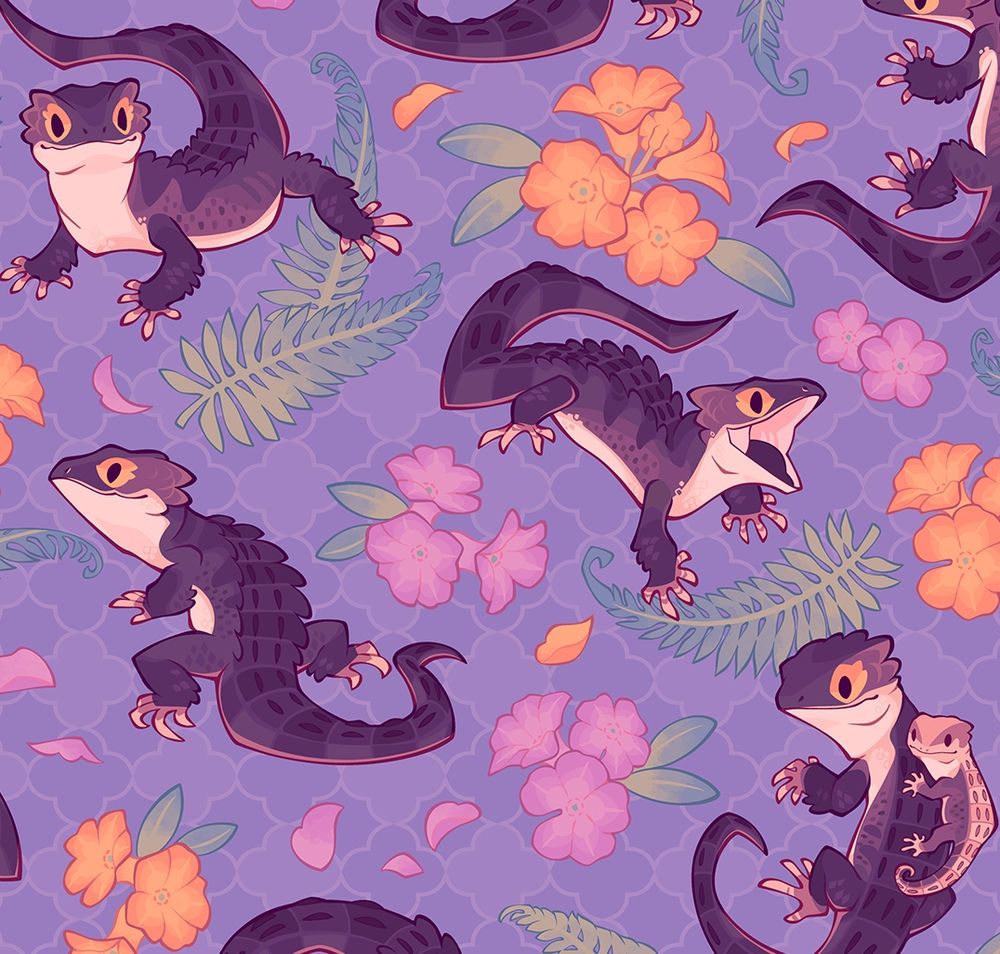 Cropped tile of a repeating pattern for red eyed crocodile skinks, fern clips and both pink and yellow rhododendrons, against a simple flower-like geometrical pattern in a lavender tone.