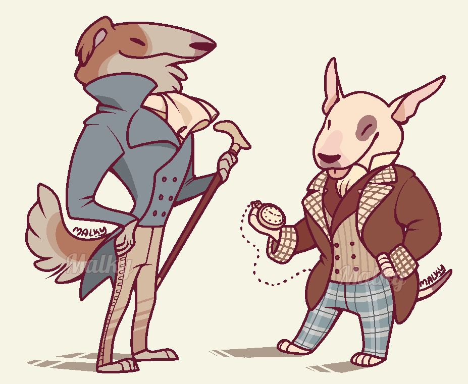 drawing of two stylized anthropomorphic dogs (left borzoi, right bull terrier) in victorian era fashion