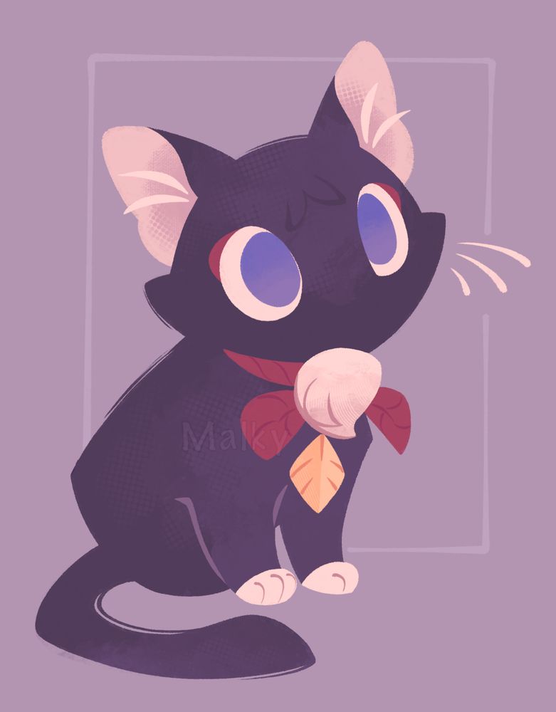 Drawing of a black cat in lavender tones, wearing a red rope-like necklace with a puff ball and a golden pinion
